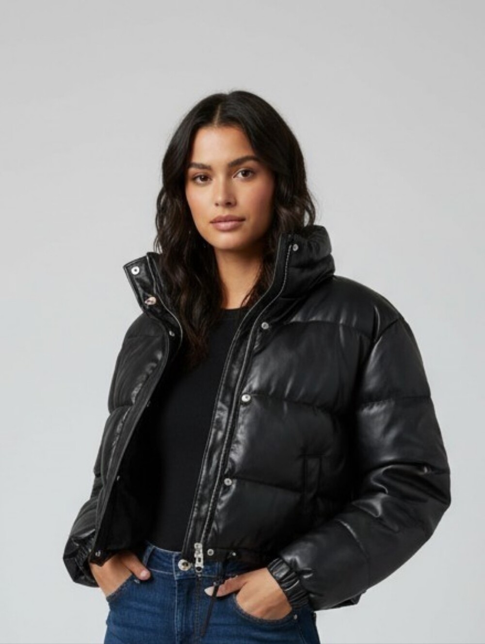 Love Tree Black Cropped Faux Leather Puffer Coat